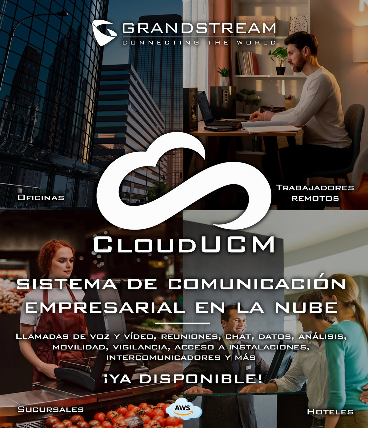 Grandstream CloudUCM UCM en la Nube Ecosistema de Comunicaciones Conmutador PBX en la Nube hibrida IP, SIP y Analogico Oficinas, Trabajadores Remotos, Sucursales, Hoteles - CASTelecom