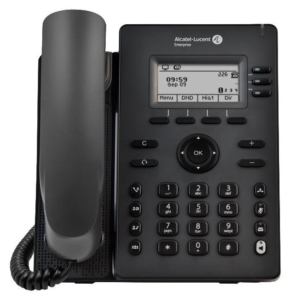 Teléfono Alcatel-Lucent ALE-2 Teléfono de escritorio empresarial básico, Conectividad SIP, Pantalla retroiluminada de 2.8 pulgadas en blanco y negro, 3 Líneas SIP, 3 Teclas contextuales, Audio HD de banda ancha, Navegación tetradireccional, Cancelación de eco acústico AEC, Alimentación PoE, Doble puerto Gigabit Ethernet, VPN, Ajustable 45° y 50°, Referencia 3MK27013AA.