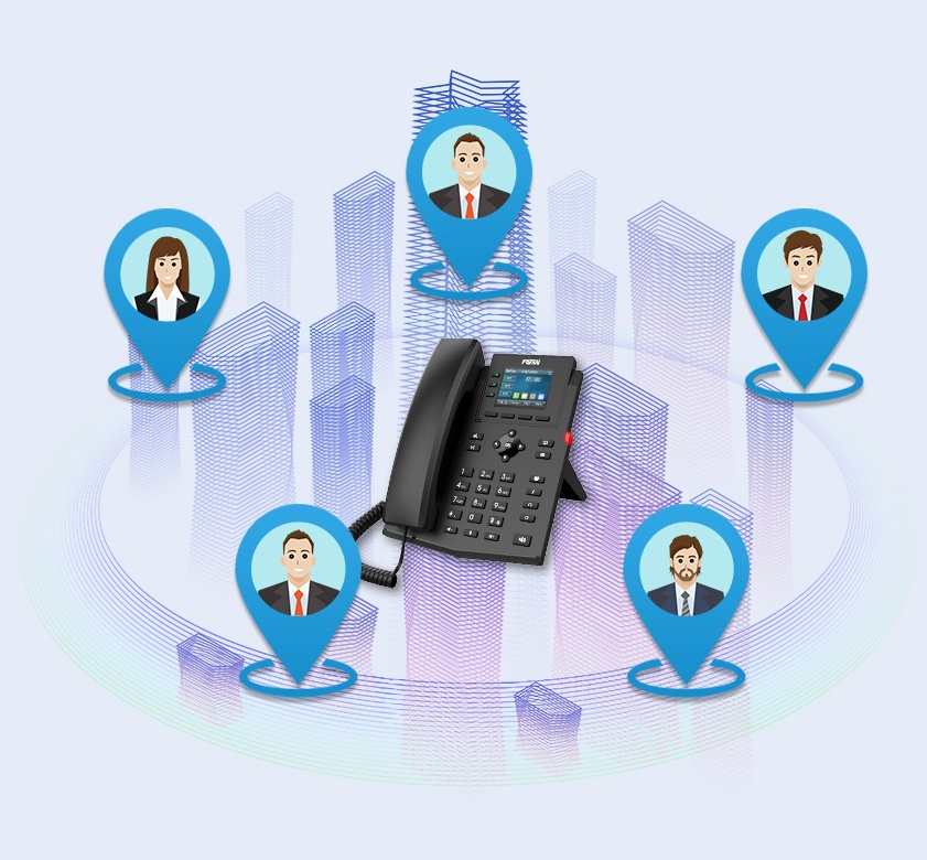 El teléfono IP X303-2W 2-Hilos admite audioconferencia para 6 participantes. El organizador puede invitar hasta 5 participantes, lo que facilita y optimiza la colaboración entre diferentes departamentos u organizaciones. - CASTelecom
