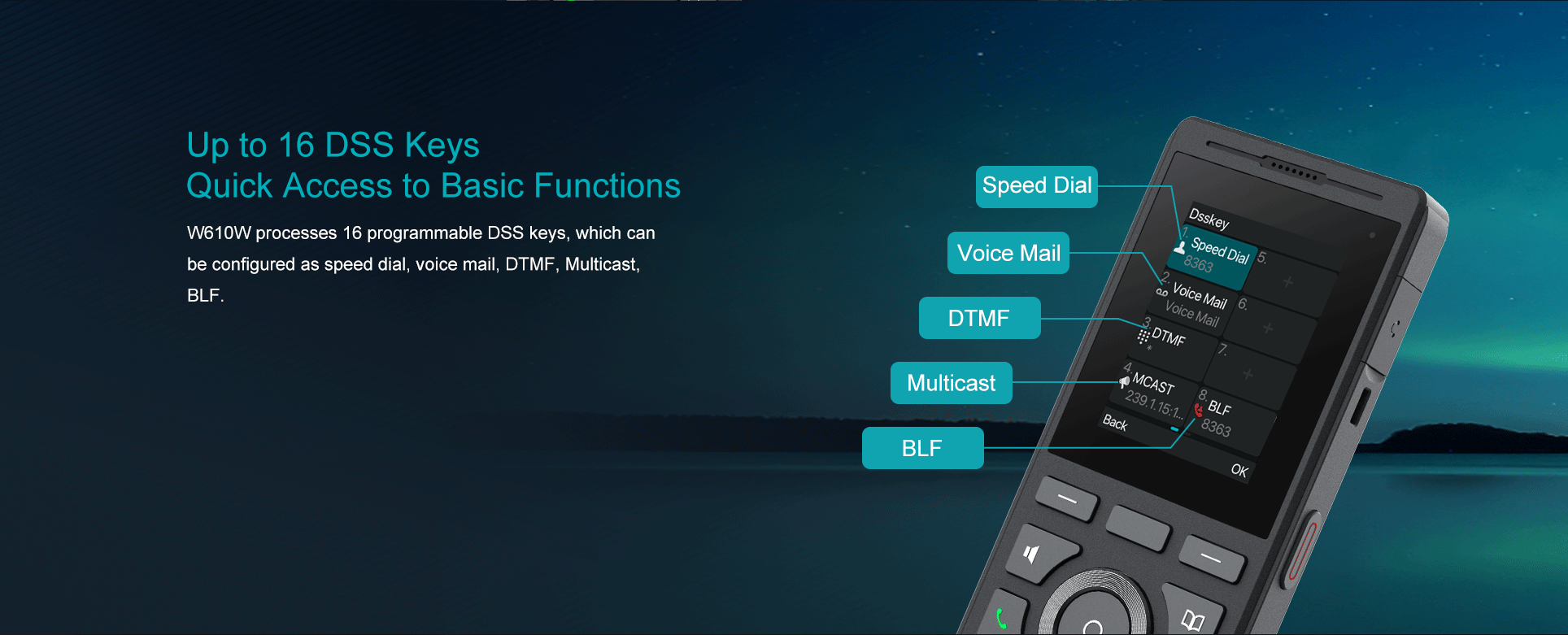 Telefono IP SIP Fanvil LINKVIL W610W Facilidades Hasta 16 Teclas DSS de Acceso Rapido Configurables para Marcación rápida, Correo de voz, DTMF, Multicast, Voceo, BLF, etc.
