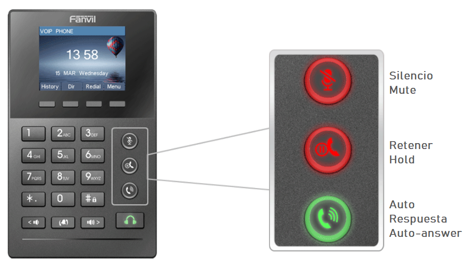 Teléfono SIP de comunicaciones unificadas Fanvil X2, con Botones con Iluminación LED Mute-Silencio, Hold Esperar Retención y Auto Respuesta Auto-answer