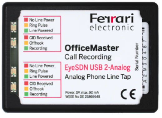 Ferrari Electronic A2 USB OfficeMaster Grabador de Llamadas de 2 Lineas Analoguicas Call Recording EyeSDN USB 2 Analog Phone Line Innoventif
