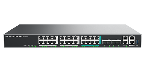 Grandstream GCC6021 Convergencia Datos, Voz y Video Todo en uno, Conmutador IP PBX Voz, Video y Colaboración Avanzada, 50 usuarios y 16 llamadas simultáneas máximo 1000 usuarios 60 llamadas simultaneas, Firewall avanzado con IA, Ruteador VPN de 10 Gbps, Switch 24 puertos de salida PoE, 16 puertos Gigabit, 8 puertos 2.5 Gigabit, Puertos configurables WAN/LAN, 4 Puertos SFP+, Multi WAN Balanceador de cargas o en caso de falla Failover, Controlador integrado de hasta 300 AP GWN, Hasta 1000 Clientes, QoS Inteligente integrado, Antivirus, VPN IPSec, 1 USB 3.0, Puerto Consola RJ45, Sesiones NAT 320K, Zero Config y Fast Provision, WAVE, UCMRC, Administración remota con GDMS ahora con NAT Penetration GCC6021 soporte hot standby de Alta Disponibilidad HA, 54 VDC 7.8 A 420 W - CASTelecom