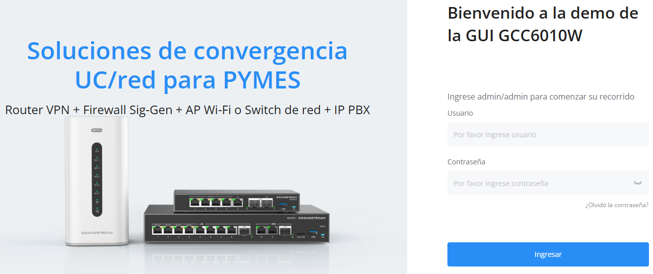 Grandstream Networks Ecosistema de Comunicaciones Empresariales Serie Todo en Uno GCC6010 GUI Web En Linea Bienvenido a la serie GCC6010 Pagina de demostracion On Line - CASTelecom