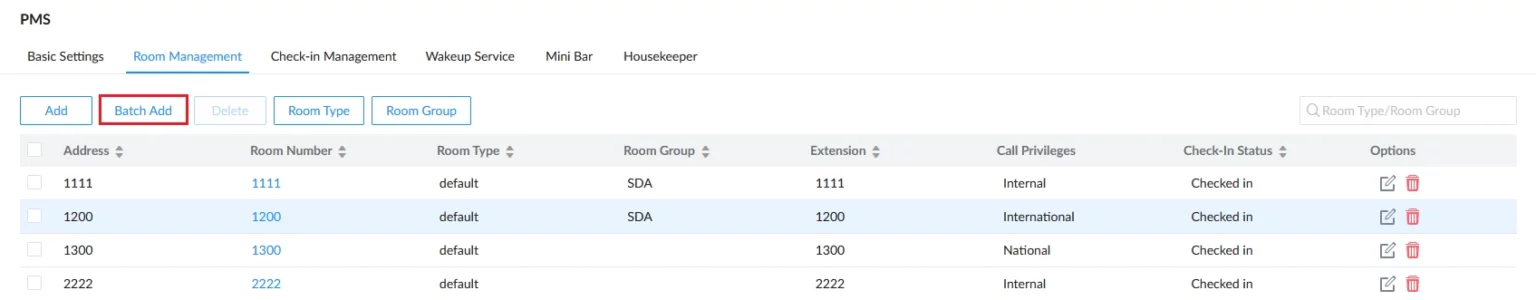 Grandstream Sistema de Gestión de Propiedad PMS Local Visual Integrado en los Conmutadores IP SIP Serie UCM para Sector Hoteles, Moteles, Resort, Cruceros, Hospitales - Agregar habitaciones por lotes - CASTelecom