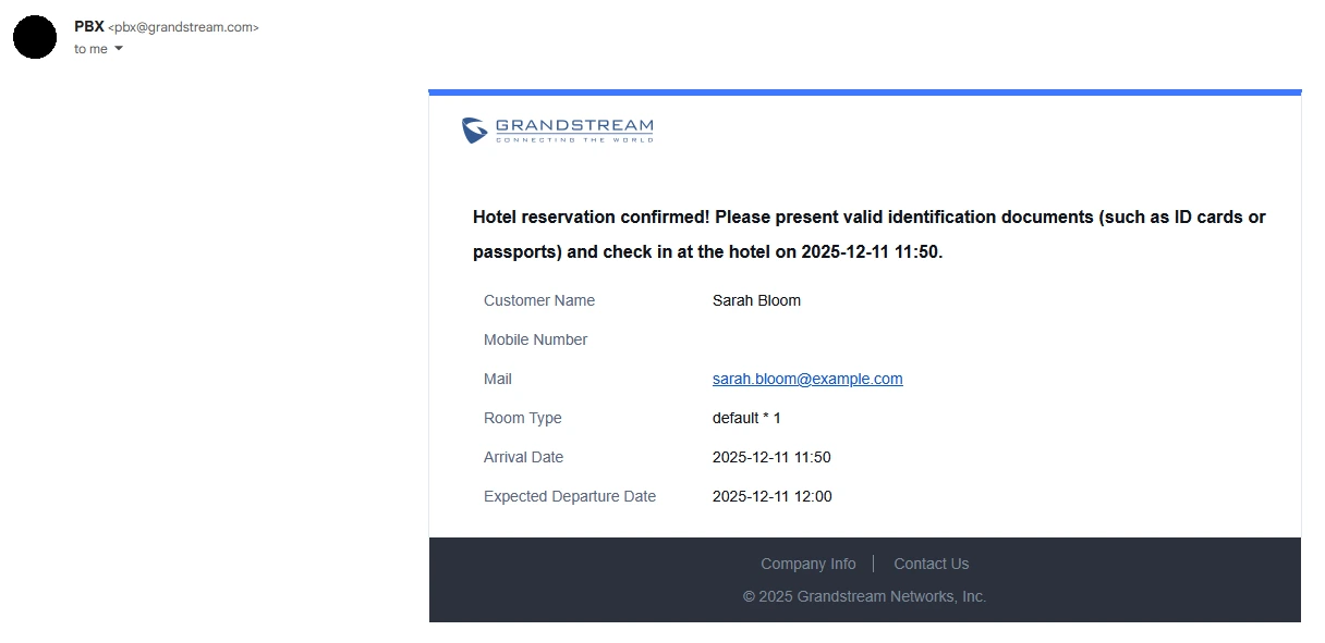 Grandstream Sistema de Gestión de Propiedad PMS Local Visual Integrado en los Conmutadores IP SIP Serie UCM para Sector Hoteles, Moteles, Resort, Cruceros, Hospitales - Correo electrónico de confirmación de reserva - CASTelecom
