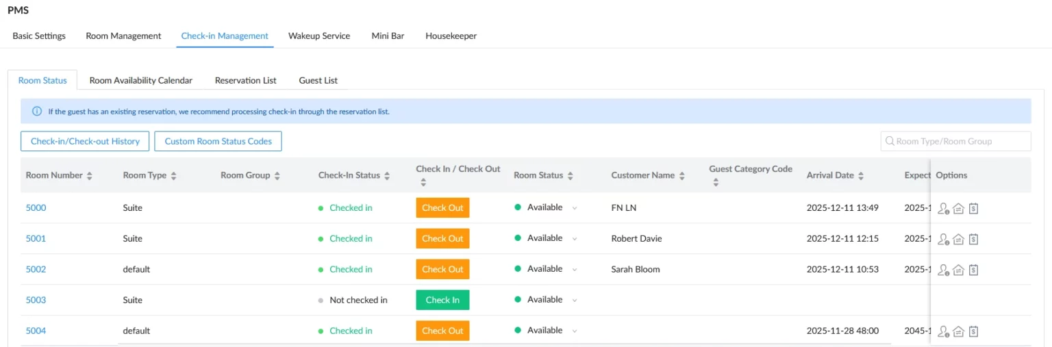 Grandstream Sistema de Gestión de Propiedad PMS Local Visual Integrado en los Conmutadores IP SIP Serie UCM para Sector Hoteles, Moteles, Resort, Cruceros, Hospitales - Pestaña de Estado de la Habitación - CASTelecom