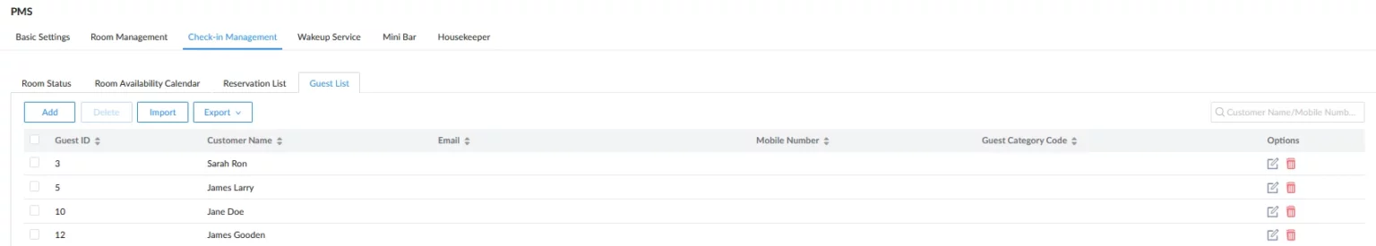 Grandstream Sistema de Gestión de Propiedad PMS Local Visual Integrado en los Conmutadores IP SIP Serie UCM para Sector Hoteles, Moteles, Resort, Cruceros, Hospitales - Pestaña de Lista de Reservas - CASTelecom