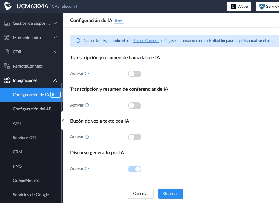 Grandstream Networks UCM Remote Connect AI UCM RemoteConnect AI de Grandstream Networks Nueva pagina de Configuración UCM RemoteConnect AI Add ons Complementos de Inteligencia Artificial RemoteConnect IA - CASTelecom