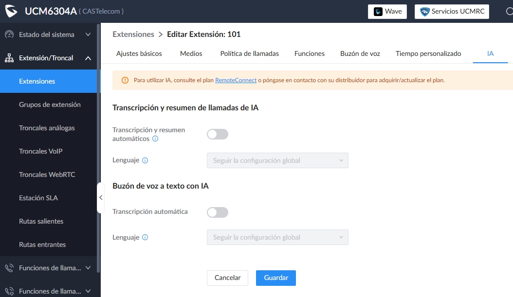 Grandstream Networks UCM Remote Connect AI UCM RemoteConnect AI de Grandstream Networks Nueva pestaña de Configuración en el menu de Extensiones UCM RemoteConnect AI Add ons Complementos de Inteligencia Artificial RemoteConnect IA - CASTelecom