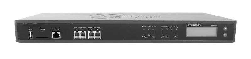 Grandstream Networks UCM6510 Conmutador IP-PBX E1/T1/J1 2 FXO troncal PSTN 2 FXS extension analogicos 200 llamadas simultaneas 50 troncales SIP Gigabit PoE USB SD Router NAT QoS atras - CASTelecom