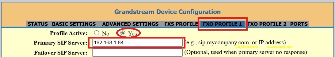 Grandstream Networks Guia de Configuracion Grandstream HT881 HT841 Paso 1 Primary SIP Server - CASTelecom