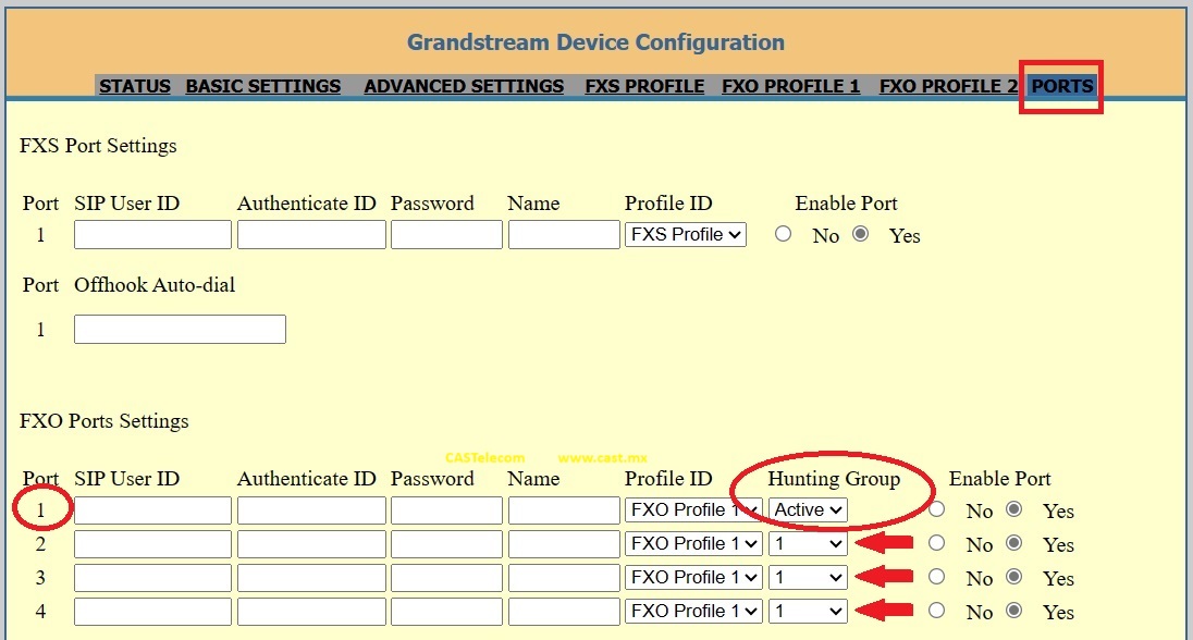 Grandstream Networks Guia de Configuracion Grandstream HT881 HT841 Paso 7 PORTS FXO Ports Settings Columna Hunting Group Active - CASTelecom