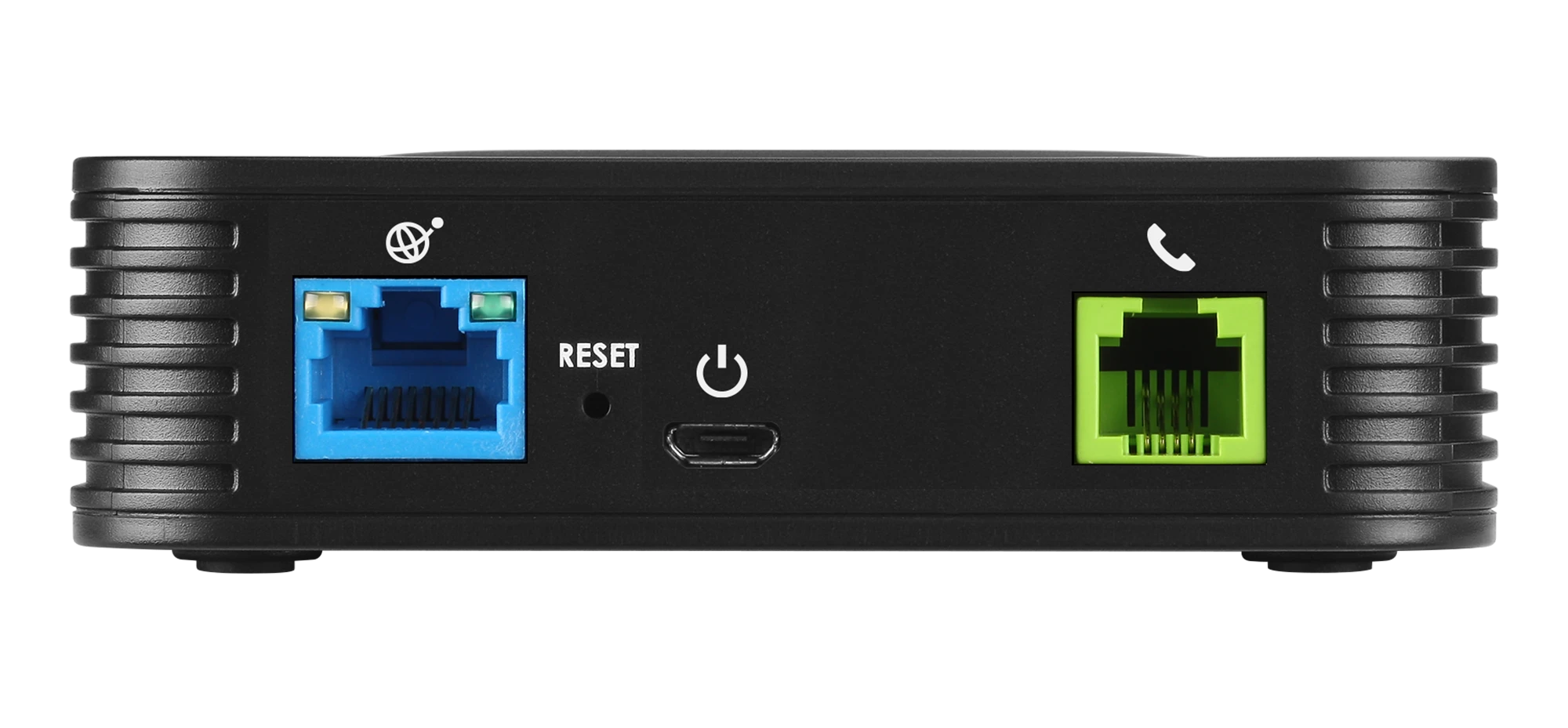 Grandstream HT801 Adaptador Gateway VoIP para teléfono analógico ATA de 1 puerto FXS RJ11 Verde con Identificador de llamadas, 1 cuenta SIP, 1 Puerto Ethernet LAN 10/100 Mbps Azul, Vista de Conexiones CASTelecom