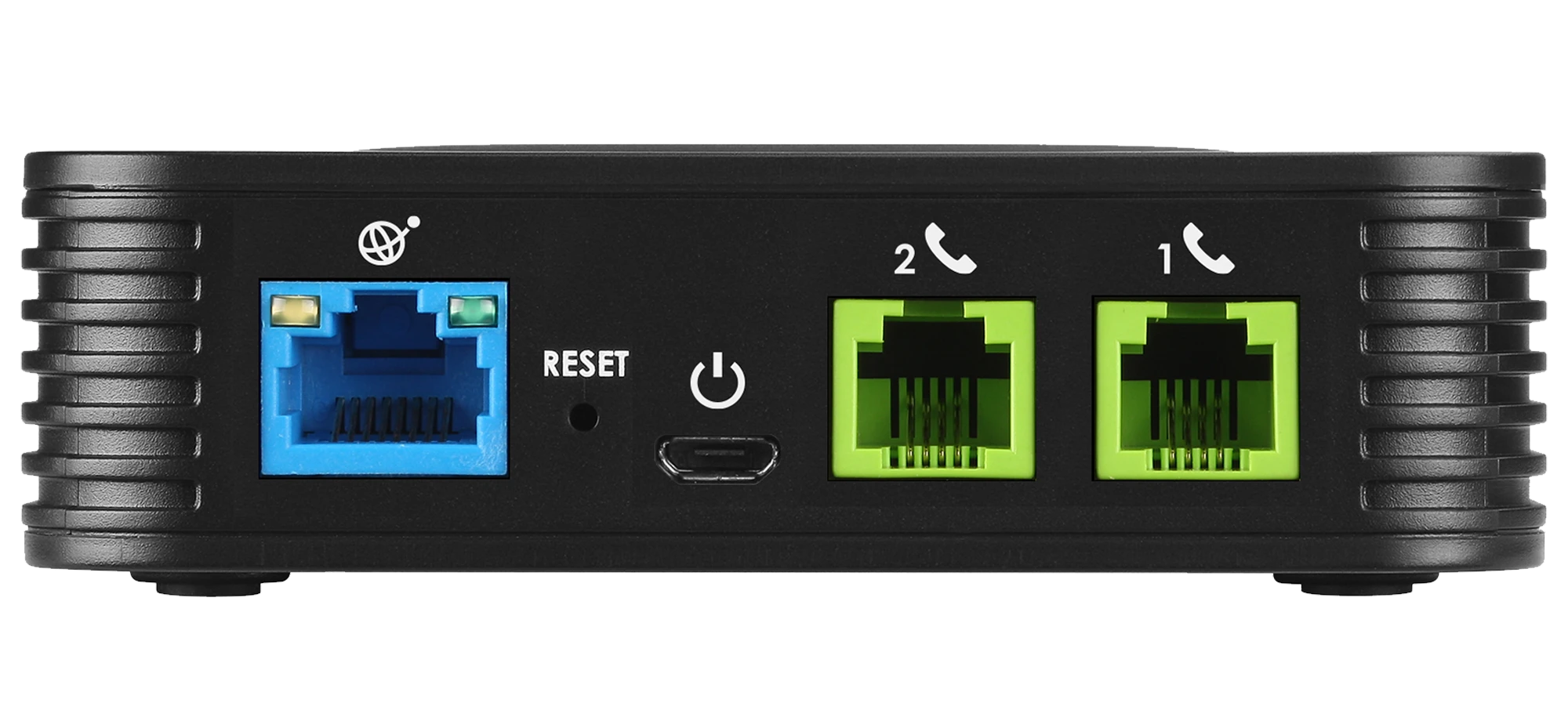 Grandstream HT802 Adaptador Gateway VoIP para teléfono analógico ATA de 2 puerto FXS RJ11 Verde con Identificador de llamadas, 2 cuenta SIP, 1 Puerto Ethernet LAN 10/100 Mbps Azul, Vista de Conexiones CASTelecom