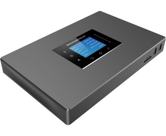 Conmutador Grandstream UCM-6302A IP-PBX Solo Audio Voz con Pantalla Táctil LCD Color, 2 puertos FXO para Línea Telefónica Troncal PSTN RJ11, 2 puertos FXS para Extensión Analógica RJ11, Puertos FXS y FXO con Identificador de llamadas, Correo de Voz, Operadora Automática, Grabación de Llamadas, Centro de Llamadas Avanzado, Bloqueo de números de entrada, PMS Hotelero y hasta 10 Extensiones Móviles sin Costo, 75 llamadas simultaneas concurrentes, 500 usuarios registrados, Conferencia hasta 75 participantes, Sin Salas de videoconferencia, Triple puerto Gigabit Ethernet, Facilidad de Controlador de Alta Disponibilidad HA, Alimentación PoE, 1 Puerto USB 3.0, 1 Puerto USB 2.0, Ranura Memoria SD, Router con NAT integrado, Montaje en Escritorio y 2 Orificios para Pared, Alimentación 12VCD 1.5A. - CASTelecom