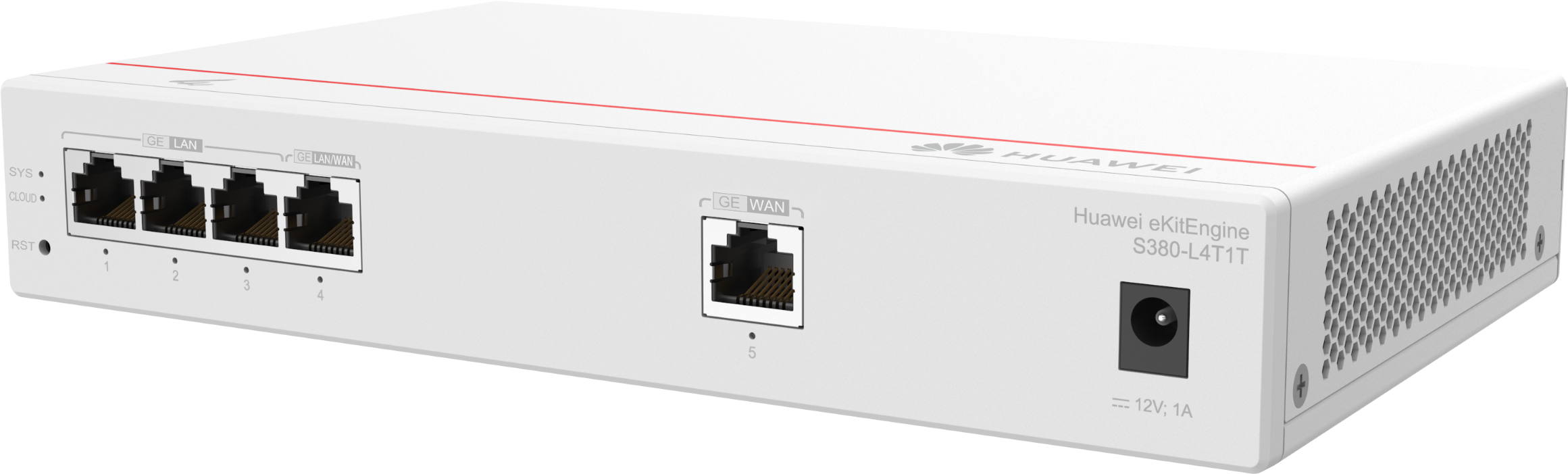 S380-L4T1T Gateway Huawei eKitEngine Gigabyte, 150 Usuarios, 1 puerto WAN Gigabyte, 4 puertos LAN Gigabyte, Switching 8 Gbit/s, Ancho de banda Salida 1 Gbit/s, Controlador integrado 32 APs, 16 VLANs, Diseño Metálico sin ventilador, Adaptador 12 VCD 1 A. 3 Años de Garantía. - CASTelecom