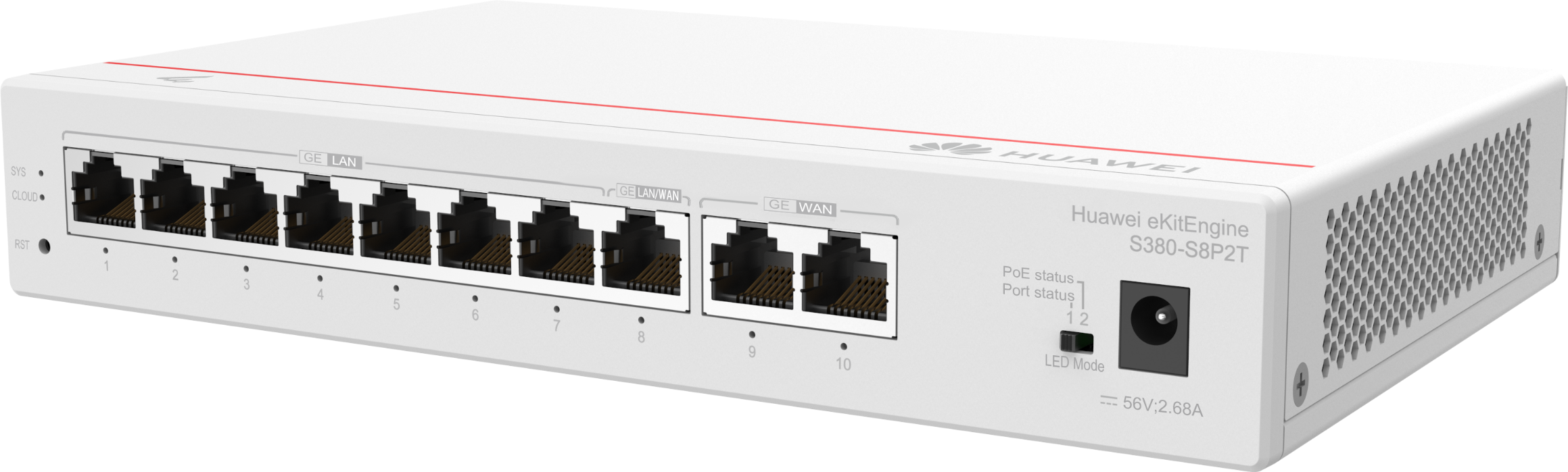 S380-S8P2T Gateway Huawei eKitEngine Gigabyte PoE, 250 Usuarios, 2 puertos WAN Gigabyte, 8 puertos LAN Gigabyte, Switching 16 Gbit/s, Ancho de banda Salida 2 Gbit/s, Controlador integrado 64 APs, Potencia de Salida 30 W, Potencia Máxima 124 W, 16 VLANs, Diseño Metálico sin ventilador, Adaptador 56 VCD 2.68 A. 3 Años de Garantía. - CASTelecom