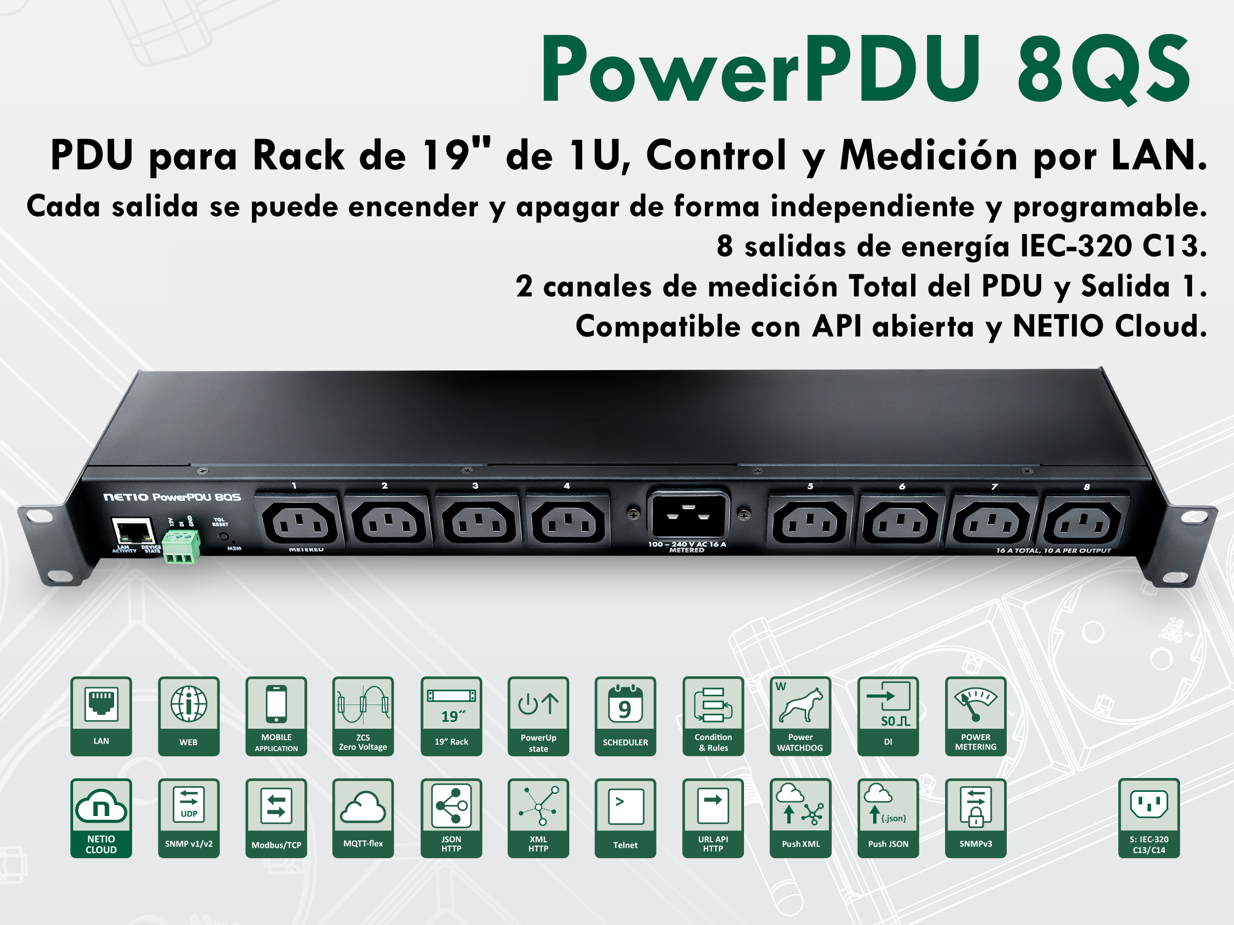 NETIO PowerPDU 8QS Unidad de Distribución de Energía PDU Power Distribution Unit con Ocho salidas de potencia 8x IEC-320 C13, Controladas y medidas a través de Red LAN, para Rack de 19 pulgadas, cada Salida se pude apagar y encender de forma independiente y remota, Mediciones Total y de salida 1
 - CASTelecom