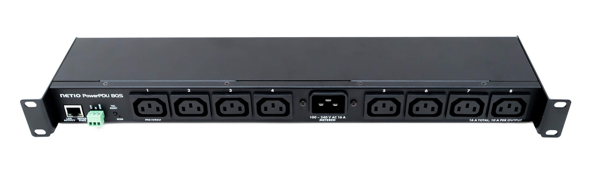PDU para Rack de 19 pulgadas de 1U, Control y Medición por LAN. 8 salidas de energía IEC-320 C13. 2 canales medidos total del PDU y Salida 1. Compatible con API abierta y NETIO Cloud. Cada salida se puede encender y apagar de forma independiente y programable. Frente - CASTelecom