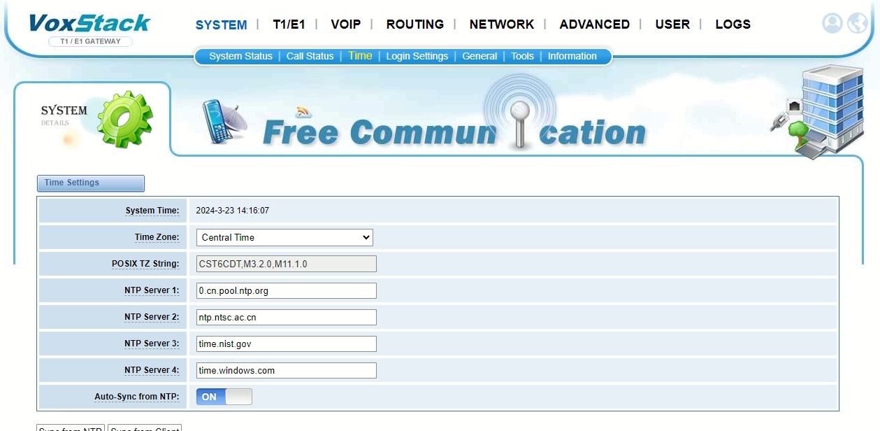 OpenVox DGW-L301 Pantalla de Configuración de la Zona de Tiempo y Servidor NTP CASTelecom
