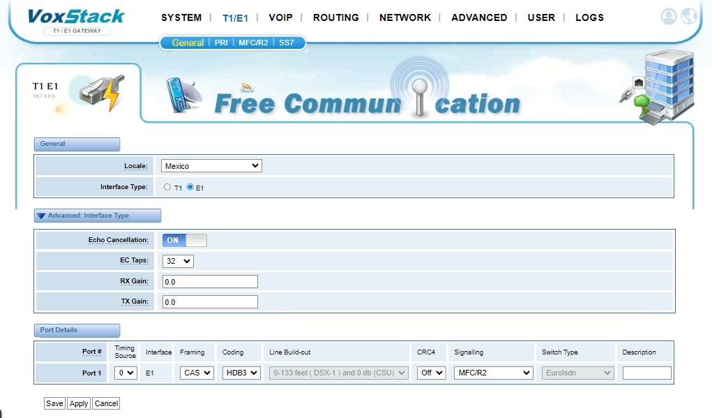 OpenVox DGW-L301 Pantalla de Configuración de Tipo de Interface E1, Pais Mexico, Canal de Reloj 0, Coding HDB3, CRC4 en Apaagdo Off y Signalling MFC/R2 CASTelecom