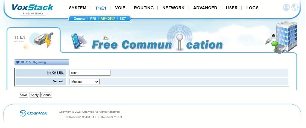 OpenVox DGW-L301 Pantalla de Configuración de Señalización MFC/R2 Bits de inicio de sesión Init CAS Bit 1001 con la Variante Mexico CASTelecom