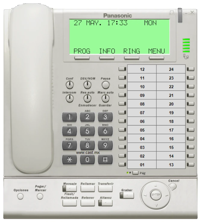 Telefono Panasonic KX-NCS8100 Pantalla de 6 líneas y 24 caracteres en estado de colgado con 24 + 24 teclas configurables en el conmutador o en la PC disponible para realizar una llamada