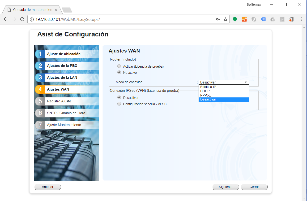 KX-NS1000 Nuevo Asistente de Instalación de Fabrica - Ajuste de la red WAN modo de conexión