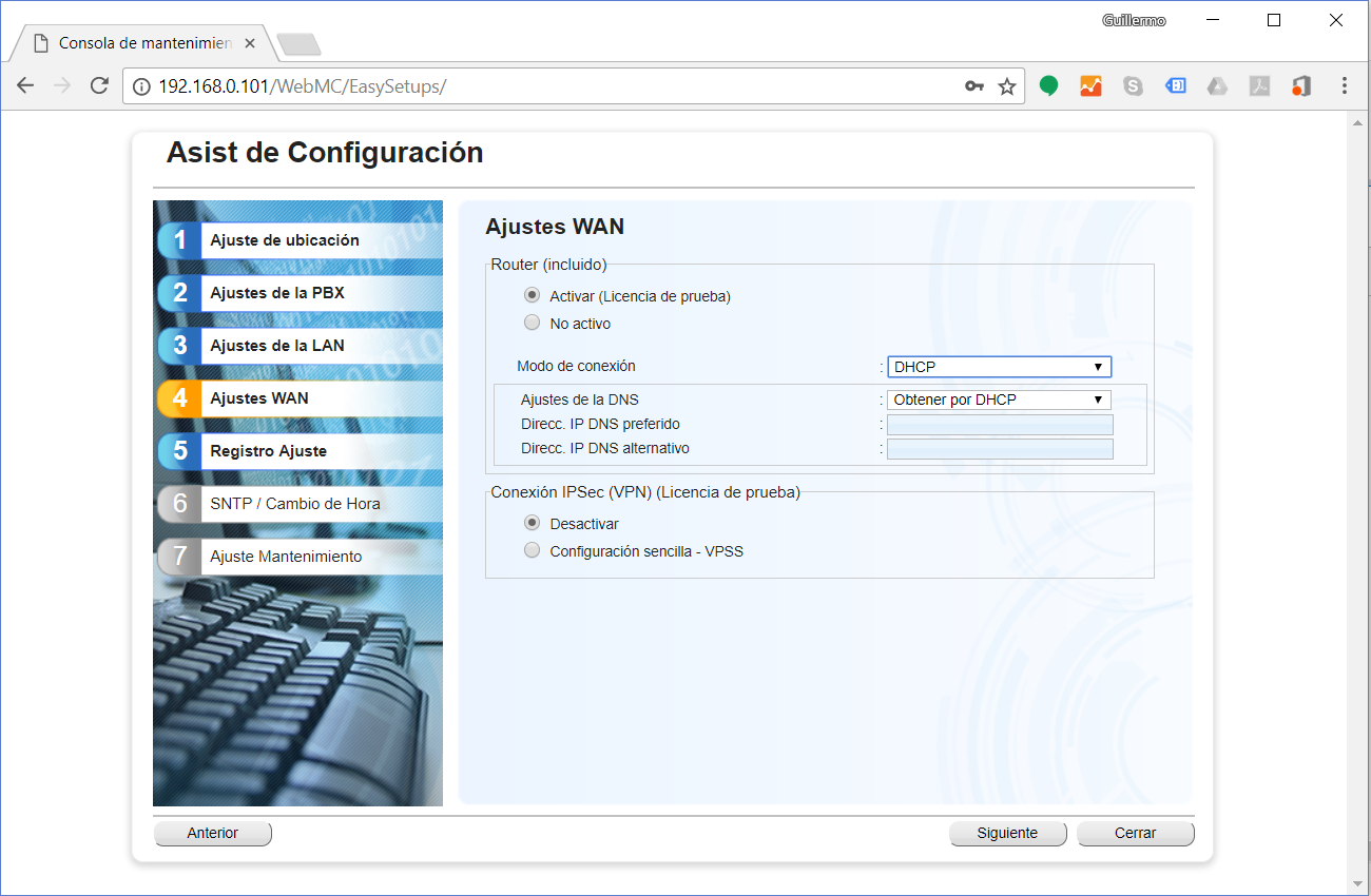 KX-NS1000 Nuevo Asistente de Instalación de Fabrica - Ajuste de la red WAN Router DHCP