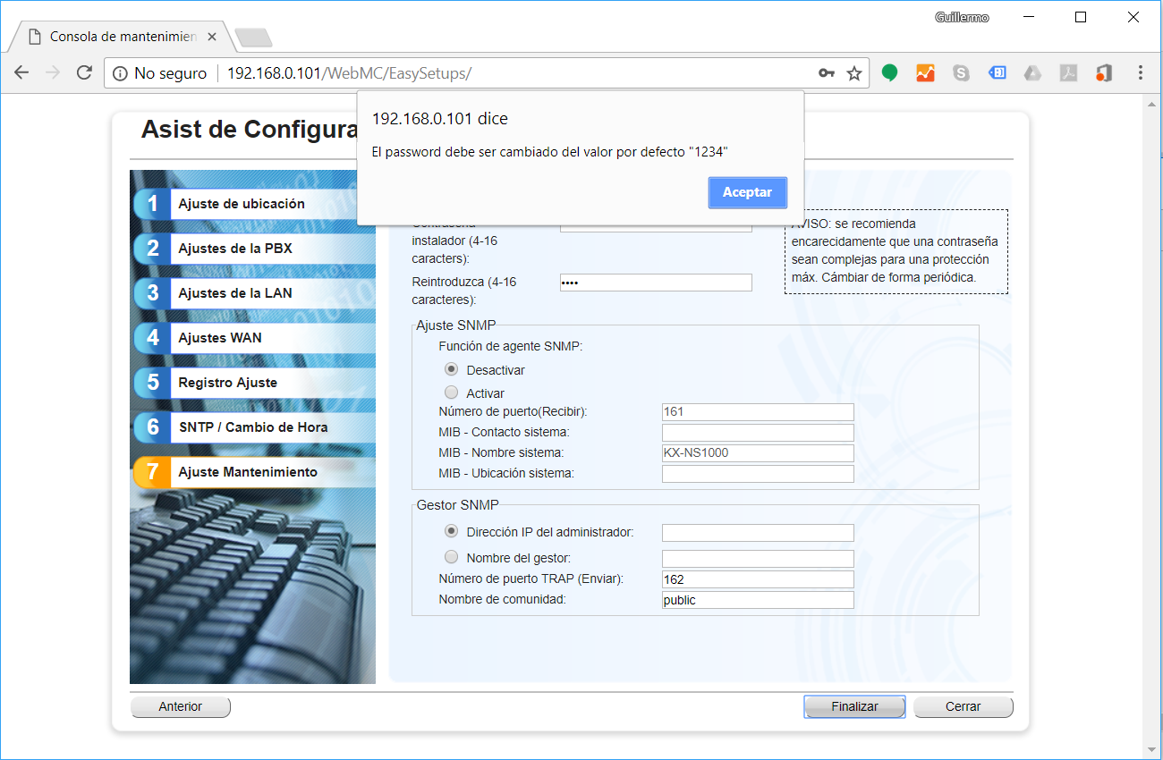 KX-NS1000 Nuevo Asistente de Instalación de Fabrica - Ajuste de Contraseña Nueva Advertencia
