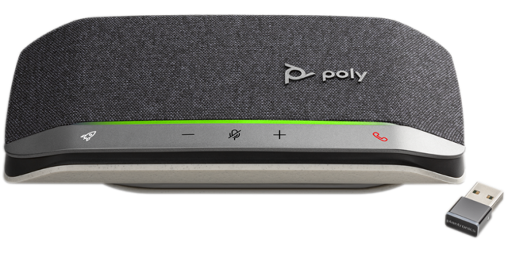 Poly Sync 20 Equipo de Audiconferencia o reproducción multimedia vista frontal y adaptador bt600