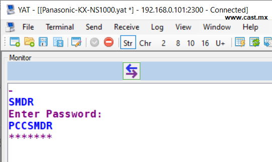Ejemplo de Registro de Conexión TCP/IP de la Salida SMDR REDCE del Tarificador o Programa de Captura de Registros del Conmutador Panasonic KX-NS1000