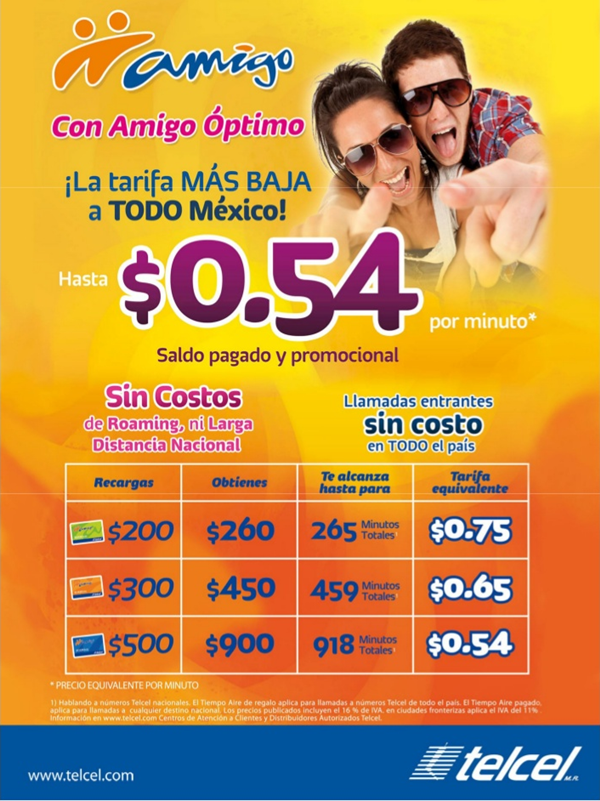 Paga la tarifa mas baja de México con Amigo Optimo y las recargas de $200, $300 y $500 pesos