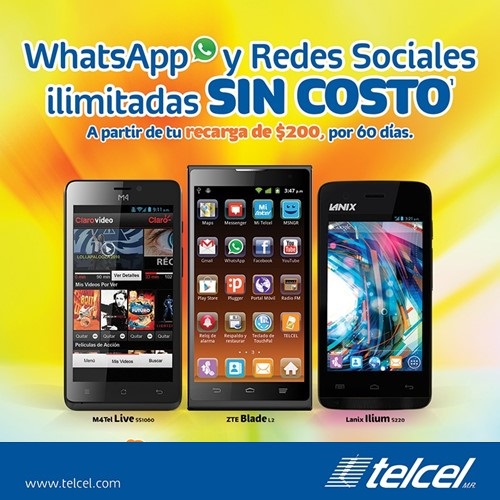 WhatsApp con Facebook, Twitter, Redes Sociales y Correo Telcel ILIMITADAMENTE, sólo recarga o acumula $200 en 30 días y ya estás