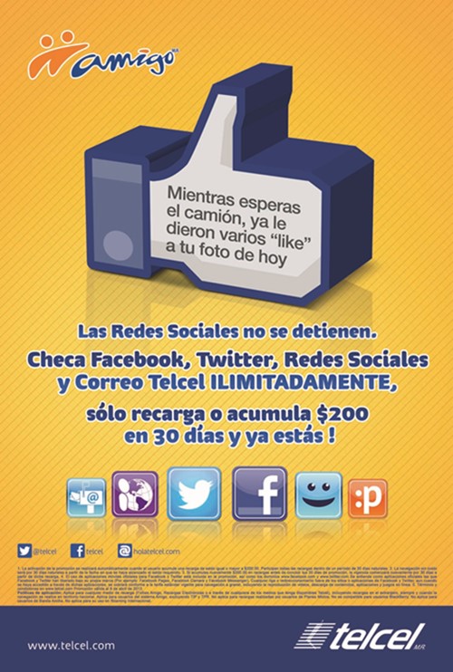 Checa Facebook, Twitter, Redes Sociales y Correo Telcel ILIMITADAMENTE, sólo recarga o acumula $200 en 30 días y ya estás 